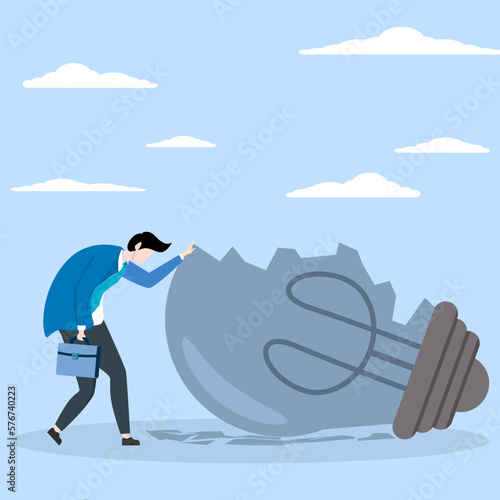 Concept of not being inspired or motivated after business failure, tired or exhausted by crisis, no new idea or inspiration concept, depressed businessman standing with failed light bulb idea.