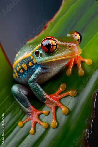 A tropical vibrant colorful tree frog on a large wet frond - AI generative