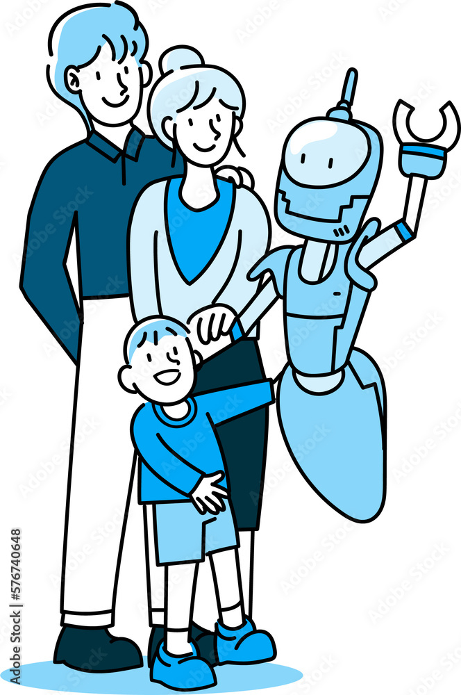 Artificial inteligence illustration, robot A.I. and people activities graphic blue tone color modern cartoon style.