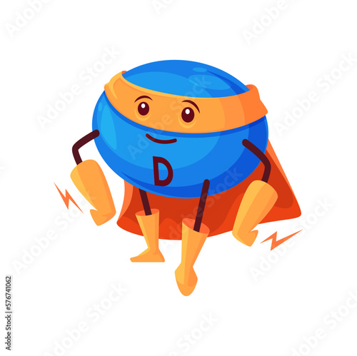 Cartoon vitamin D superhero character. Vector ergocalciferol micronutrient defender, comics book personage wear cape and mask. Pill or capsule supplement, fantasy powerful super hero bubble
