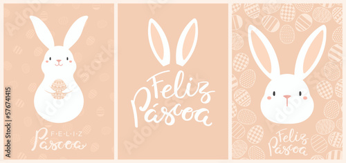 Easter bunnies, cute rabbits, painted eggs cards, posters collection with Portuguese text Feliz Pascoa, Happy Easter. Vector illustration. Flat style design. Concept for holiday print, banner, invite