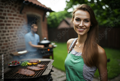 slim adult woman grilling on a grate in the garden with a large garden grill, husband in the background with a pot, garden fence and house. Generative AI