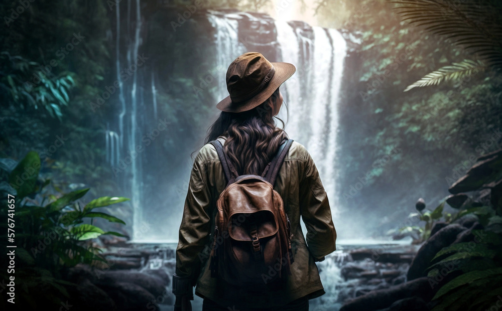 Rear view of young woman standing in front of waterfall. Female tourist with backpack looking at waterfall.. Generative AI Rear view of young woman standing in front of waterfall. Female tourist with backpack looking at waterfall.. Generative AI