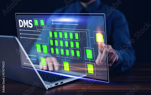 Document management concept, Businessman using computer to document management concept, online documentation database and digital file storage system or software, records keeping, database technology