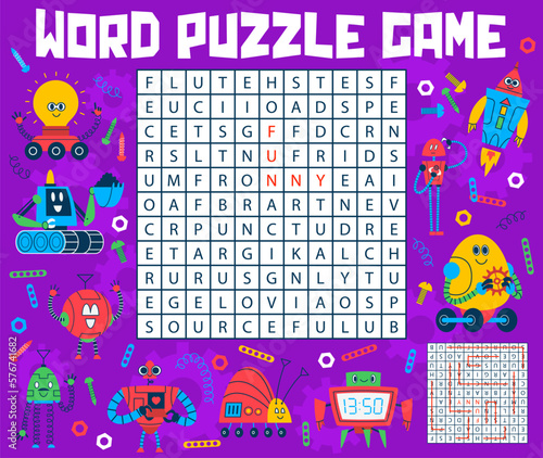 Word search puzzle game of cartoon robots and droids toys. Vector kids quiz worksheet with funny android computer assistant, friendly space machine and loving humanoid cyborg. Square maze of word game