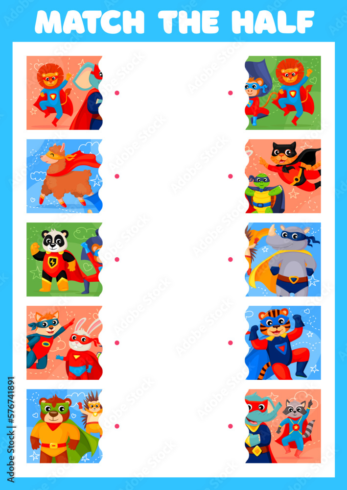 Fototapeta premium Match the half, cartoon superhero animal characters kids game worksheet. Vector puzzle quiz or matching riddle of children education activity with cute cat, dog, bear, raccoon, lion, elephant, panda