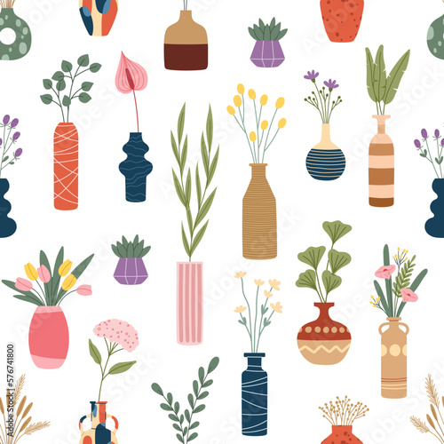 Interior flower vases seamless pattern. Floral background of vector scandinavian ceramic vases, bottles, pots and jars, green plant leaves and dried herbs, calla lily, tulips and hydrangea