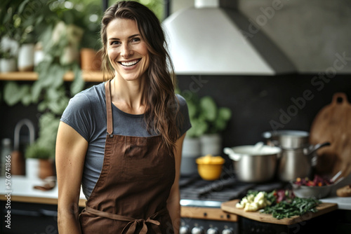 Fotografia Portrait of an young adult caucasian woman barbecue outside in the garden outdoors with gardening apron