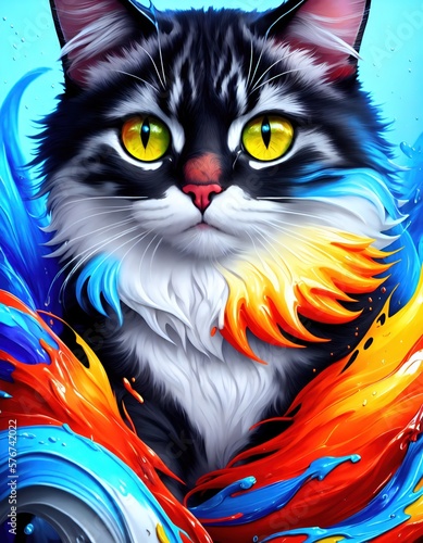Colorful illustration of a cat. Splash Art. Generative AI © Kevin