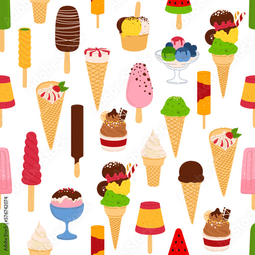 Ice cream seamless pattern, summer dessert food vector background. Ice cream cones and sundae with chocolate, vanilla and strawberry scoops, sorbet, frozen yogurt, fruit ice lolly and gelato backdrop