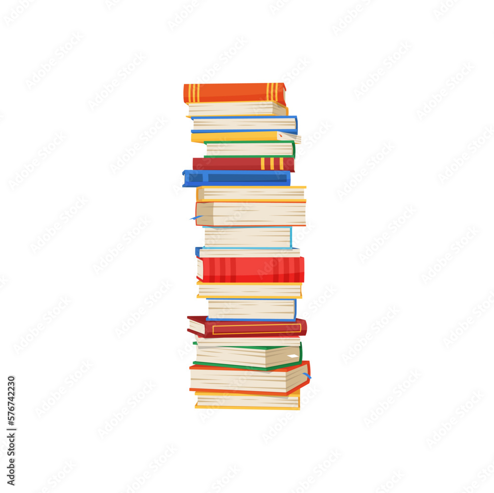 Stack of books, stacked educational materials, cartoon textbooks. Vector bookstore textbooks in hardcover, bookstore or library emblem Stack of books, stacked educational materials, cartoon textbooks. Vector bookstore textbooks in hardcover, bookstore or library emblem