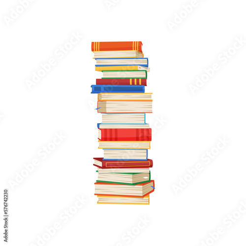 Stack of books, stacked educational materials, cartoon textbooks. Vector bookstore textbooks in hardcover, bookstore or library emblem