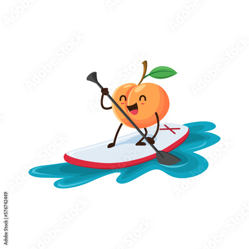 Cartoon peach riding sup board. Isolated vector comical fruit on summer coastal holiday. Funny fresh personage having fun in nature at seaside resort. Wholesome food relaxing on ocean during vacation