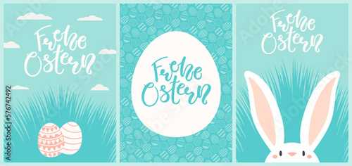 Easter bunny, cute rabbit, painted eggs, spring grass cards, posters collection with German text Frohe Ostern, Happy Easter. Vector illustration. Flat style design. Concept for holiday banner, invite