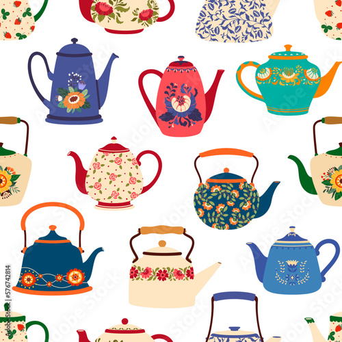 Cartoon ceramic teapots and kettles seamless pattern. Vintage kitchen crockery or pottery vector background of retro coffee or tea pots with floral ornaments, color flowers and berries
