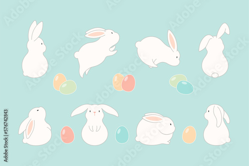 Easter bunnies, cute rabbits, dyed eggs, isolated holiday elements clipart collection. Vector illustration. Line art style design. Cartoon characters set for card, banner, poster, decor, seasonal sale