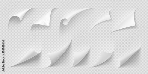 Paper page curly corners. Document curly border, paper sheet bent angle or bookmarks realistic 3d vector white edges. Isolated magazine page, stickers rolled corners on transparent background set