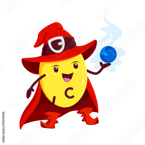 Cartoon vitamin C wizard character. Vector ascorbic acid micronutrient capsule, magical nutritional supplement personage with energy ball. Isolated funny mage in cloak and pointed hat casting spell