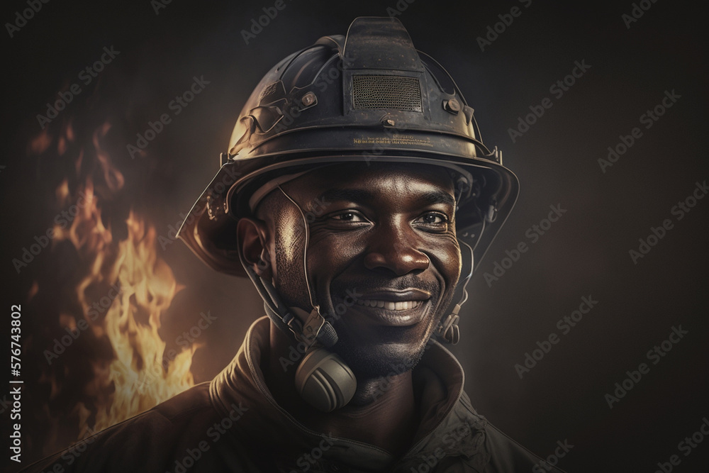 close up fireman with hard hat, fire and flames or conflagration in background, in darkness. Generative AI close up fireman with hard hat, fire and flames or conflagration in background, in darkness. Generative AI
