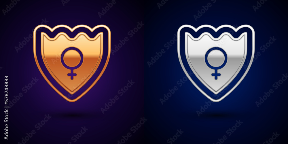 Gold and silver Gender shield, Female icon isolated on black background. Vector Gold and silver Gender shield, Female icon isolated on black background. Vector
