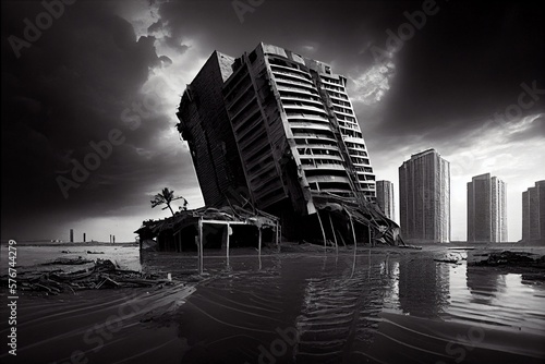 Fotobehang collapsed skyscraper, black and white photography, monochrome, generative ai