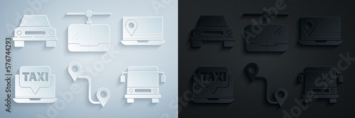Set Route location, Laptop with marker, call taxi service, Bus, Cable car and Car icon. Vector