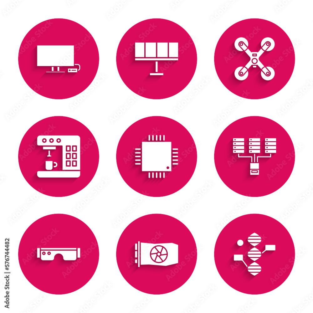 Set Processor with microcircuits CPU, Video graphic card, DNA symbol, Server, Data, Web Hosting, Smart glasses, Coffee machine, Drone flying and Tv icon. Vector Set Processor with microcircuits CPU, Video graphic card, DNA symbol, Server, Data, Web Hosting, Smart glasses, Coffee machine, Drone flying and Tv icon. Vector