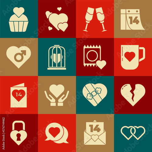 Set Two Linked Hearts, Broken heart or divorce, Coffee cup and, Glass champagne, the bird cage, with male gender, Wedding cake and Condom package icon. Vector