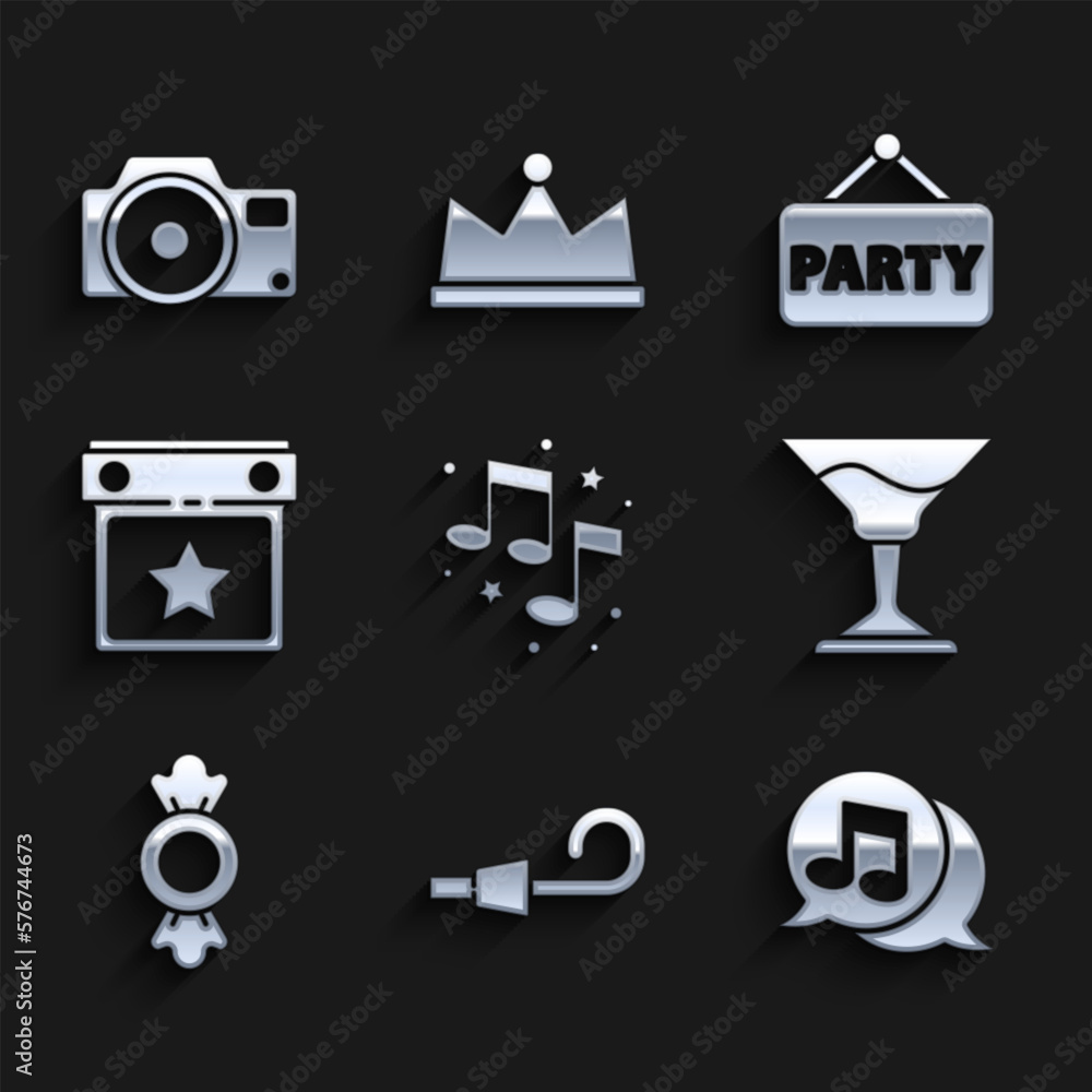 Set Music note, tone, Birthday party horn, Musical in speech bubble, Cocktail, Candy, Calendar, Signboard and Photo camera icon. Vector
