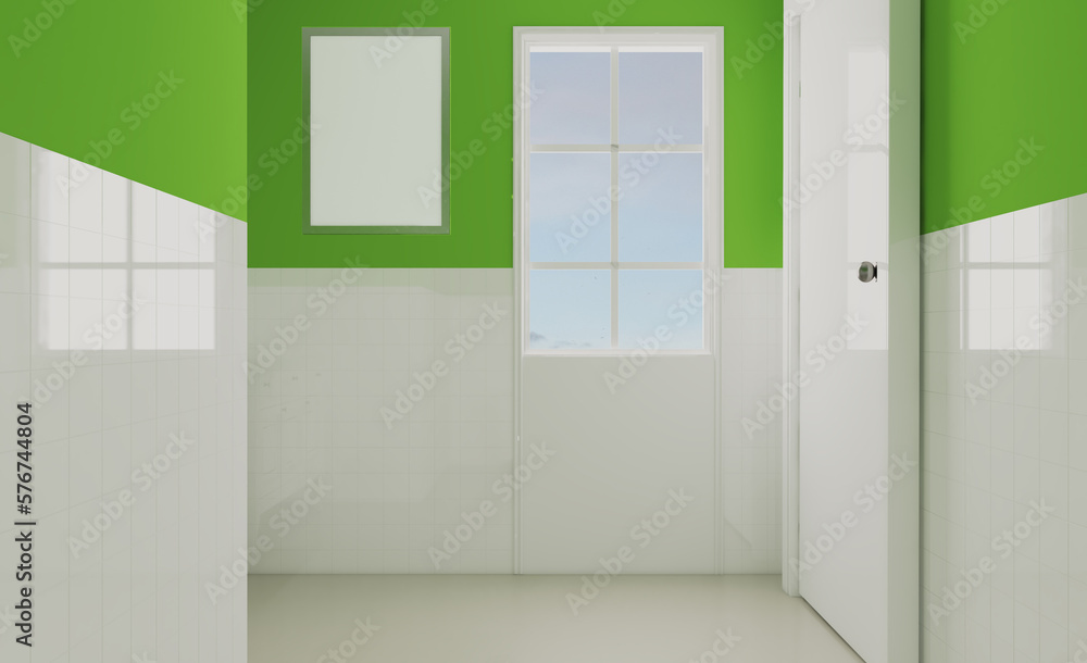 A green oasis in a white bathroom with a window.. 3D rendering.. Mockup. Empty paintings A green oasis in a white bathroom with a window.. 3D rendering.. Mockup. Empty paintings