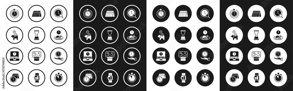 Set Magnifying glass with clock, Old hourglass sand, Piggy bank coin, Clock arrow, Food time, Calendar,  and Monitor icon. Vector