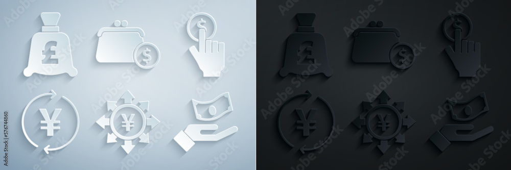 Set Coin money with Yen, Hand holding coin, Wallet coins and pound icon. Vector Set Coin money with Yen, Hand holding coin, Wallet coins and pound icon. Vector