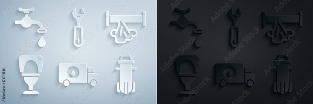 Set Plumber service car, Broken pipe, Toilet bowl, Water filter, Wrench spanner and tap icon. Vector