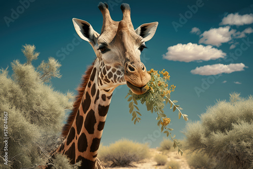 A giraffe eats the foliage of an acacia tree in the savannah. Close-up. Photorealistic illustration generated by AI.