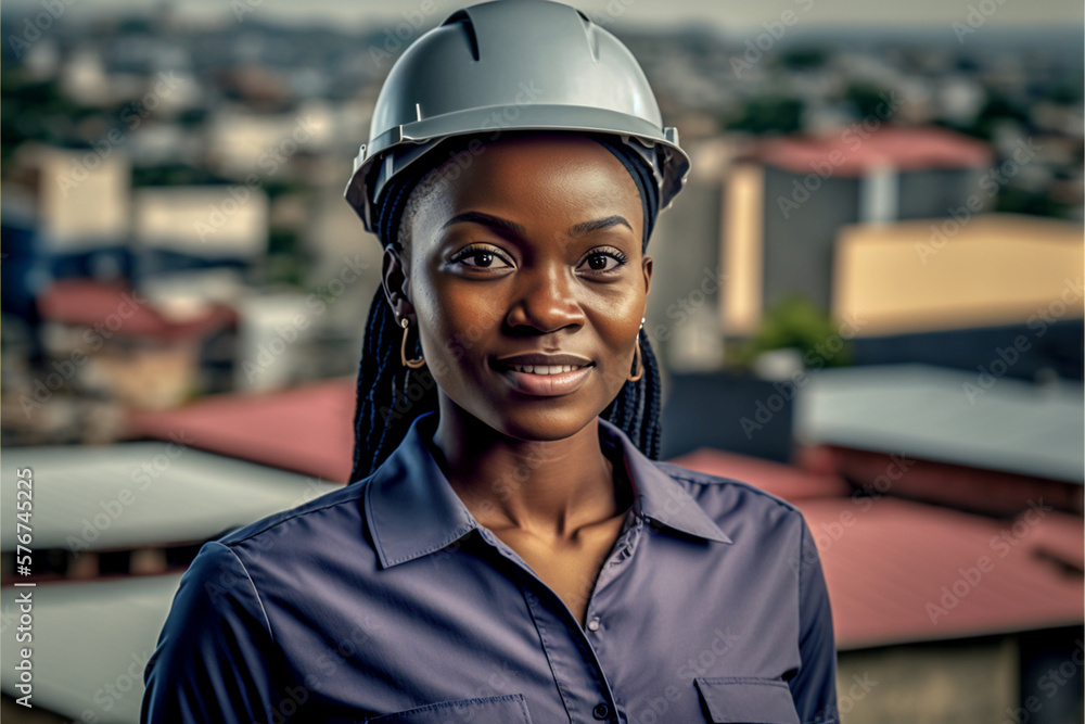 afro american woman with hard hat on a roof in a big city with residential buildings, fictional place. Generative AI afro american woman with hard hat on a roof in a big city with residential buildings, fictional place. Generative AI