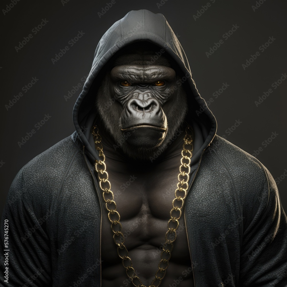 Gorilla in a gangster style wearing hoodie with gold chain. Generative AI