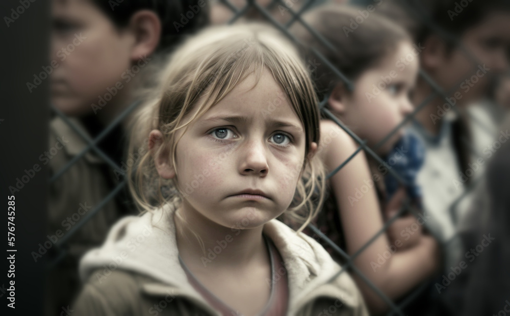 a small child on a high fence with many other people, fictional place and people. Generative AI a small child on a high fence with many other people, fictional place and people. Generative AI