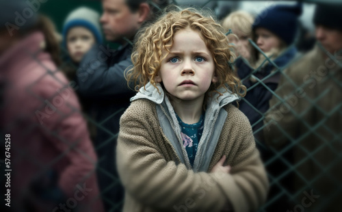 a small child on a high fence with many other people, fictional place and people. Generative AI