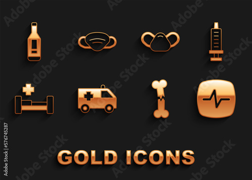 Set Ambulance car, Syringe, Heart rate, Human broken bone, Hospital bed, Medical protective mask, Digital thermometer and  icon. Vector