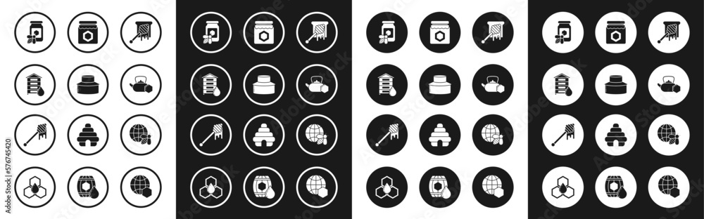 Set Honey dipper stick with dripping honey, Beekeeper protect hat, Hive for bees, Jar of, Tea kettle, Honeycomb map the world and and icon. Vector Set Honey dipper stick with dripping honey, Beekeeper protect hat, Hive for bees, Jar of, Tea kettle, Honeycomb map the world and and icon. Vector