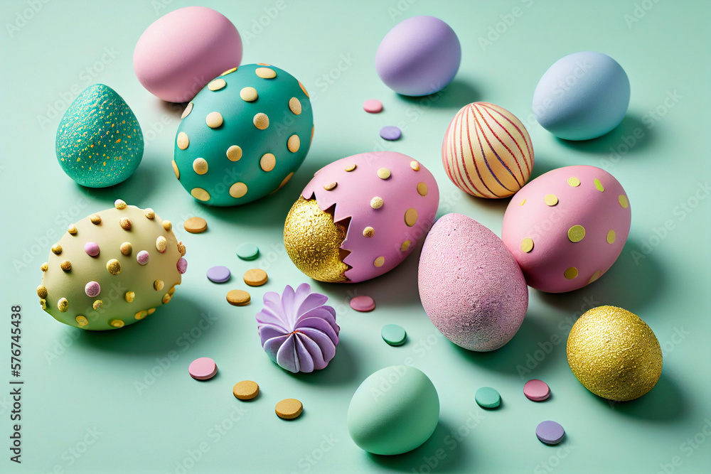 background Easter eggs, colored and decorated. Generative AI