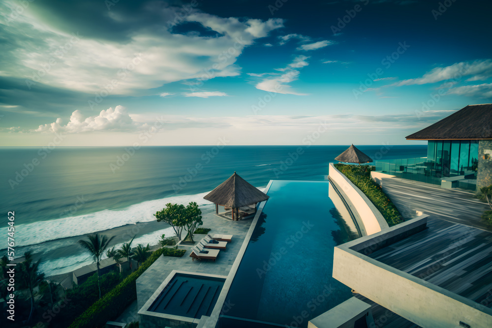 Beautiful ocean view from high point with swimming pool and tropical bungalows on a shore, Bali Indonesia. Generative AI