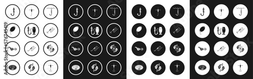 Set Fishing hook under water, spoon, line with and float,  and Spinning reel for fishing icon. Vector