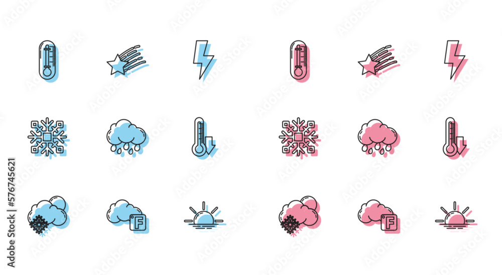 Set line Cloud with snow and sun, Fahrenheit cloud, Thermometer, Sunrise, rain, Snowflake and Falling star icon. Vector Set line Cloud with snow and sun, Fahrenheit cloud, Thermometer, Sunrise, rain, Snowflake and Falling star icon. Vector