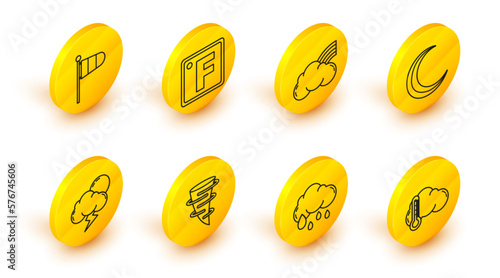 Set line Thermometer and cloud, Cloud with rain, Tornado, Storm, Moon stars, Rainbow clouds, Fahrenheit and Cone meteorology windsock wind vane icon. Vector
