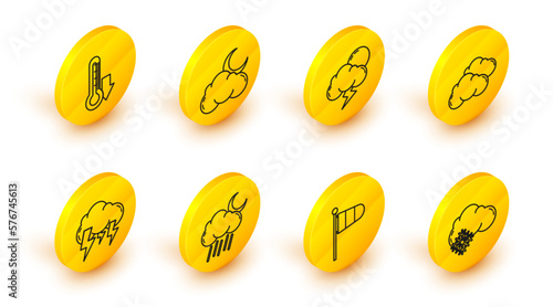Set line Cloud with snow, Cone meteorology windsock wind vane, rain and moon, Storm, stars and Thermometer icon. Vector