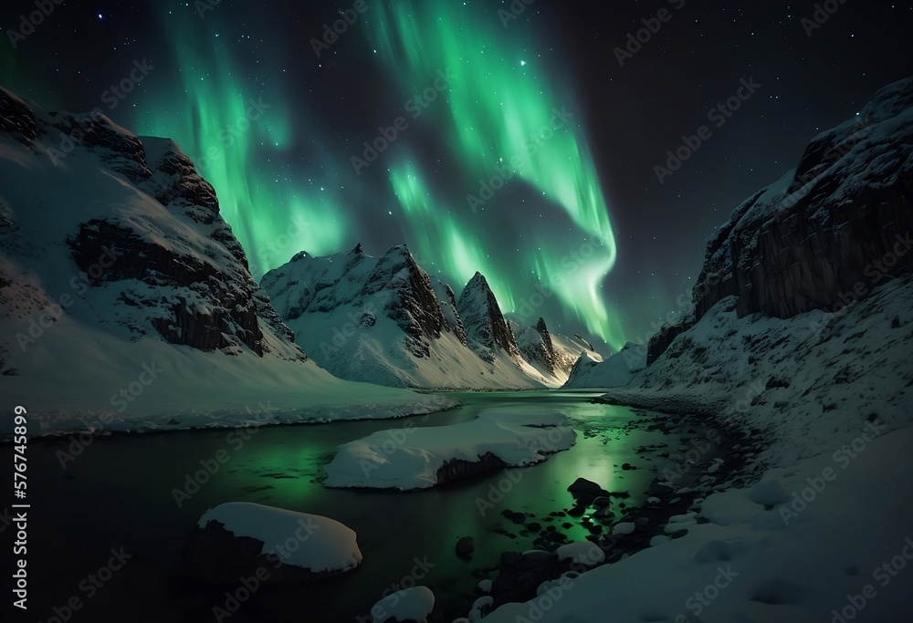 Aurora Borealis Northern Lights in Winter Arctic Landscape - Generative AI 012