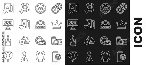 Set line Online poker table game, Casino chips and stacks money cash, Crown, Playing card with clubs symbol, slot machine lucky sevens jackpot, spades and signboard icon. Vector