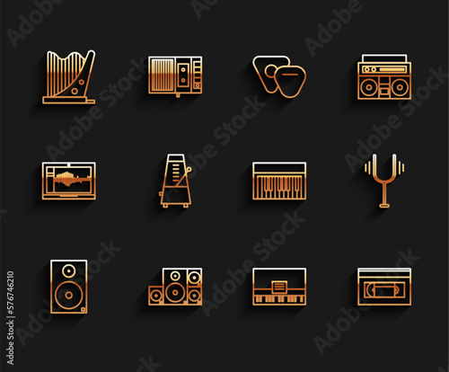 Set line Stereo speaker, Harp, Piano, VHS video cassette tape, Metronome with pendulum in motion, Musical tuning fork and synthesizer icon. Vector
