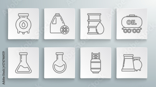 Set line Test tube and flask, Antifreeze canister, Propane gas tank, Oil industrial factory building, Barrel oil, railway cistern and  icon. Vector